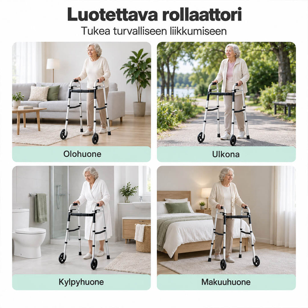 Kävelytuki Pyörillä Varma – säädettävä korkeus 77–95 cm, taitettava, Hopea