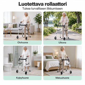 Kävelytuki Pyörillä Varma – säädettävä korkeus 77–95 cm, taitettava, Hopea