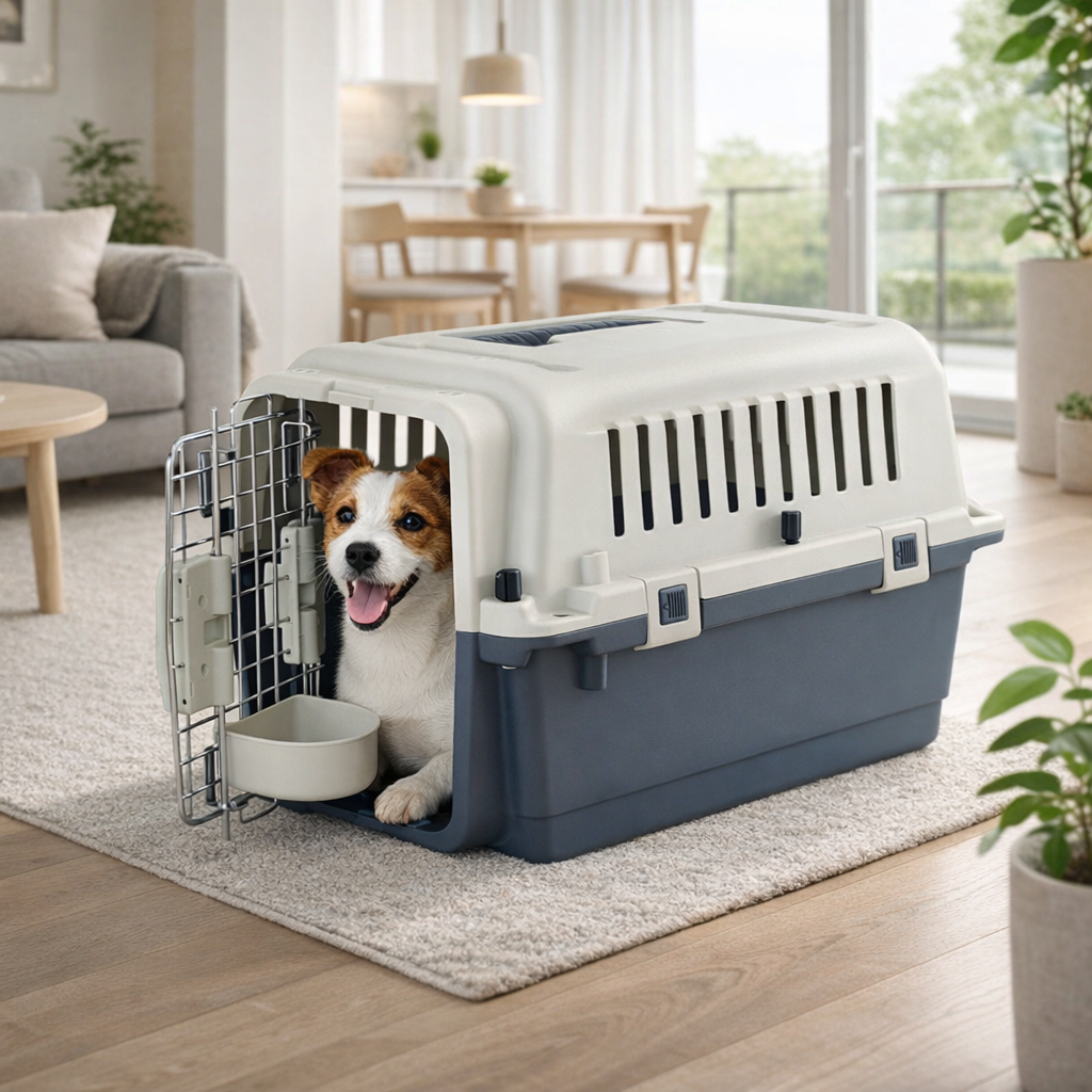 Transportbur 67 x 51,5 x 52,5 cm – hjul, dörr i metallnät, mat- och vattenkoppar