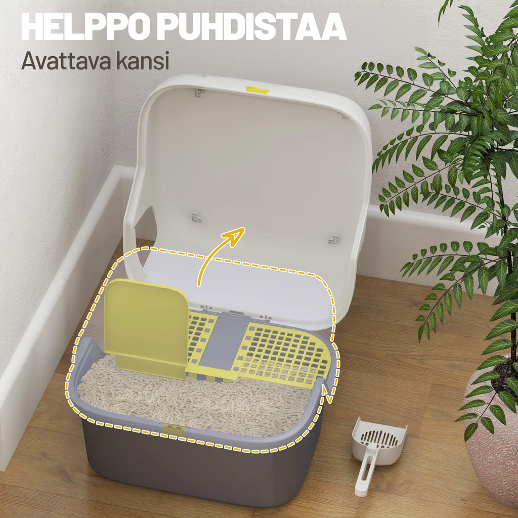 Suljettu kissanvessa kannella ja lapiolla, helppo puhdistaa, valkoinen