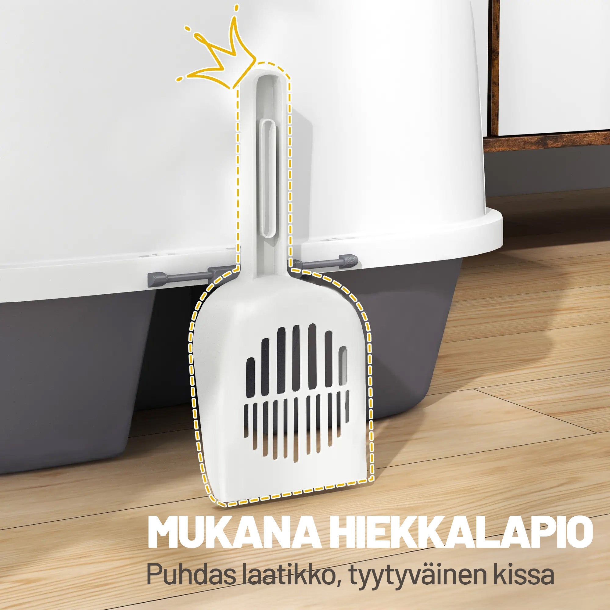 Suljettu kissanvessa kannella ja lapiolla, helppo puhdistaa, valkoinen