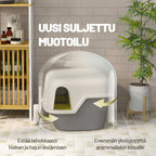 Suljettu kissanvessa kannella ja lapiolla, helppo puhdistaa, valkoinen