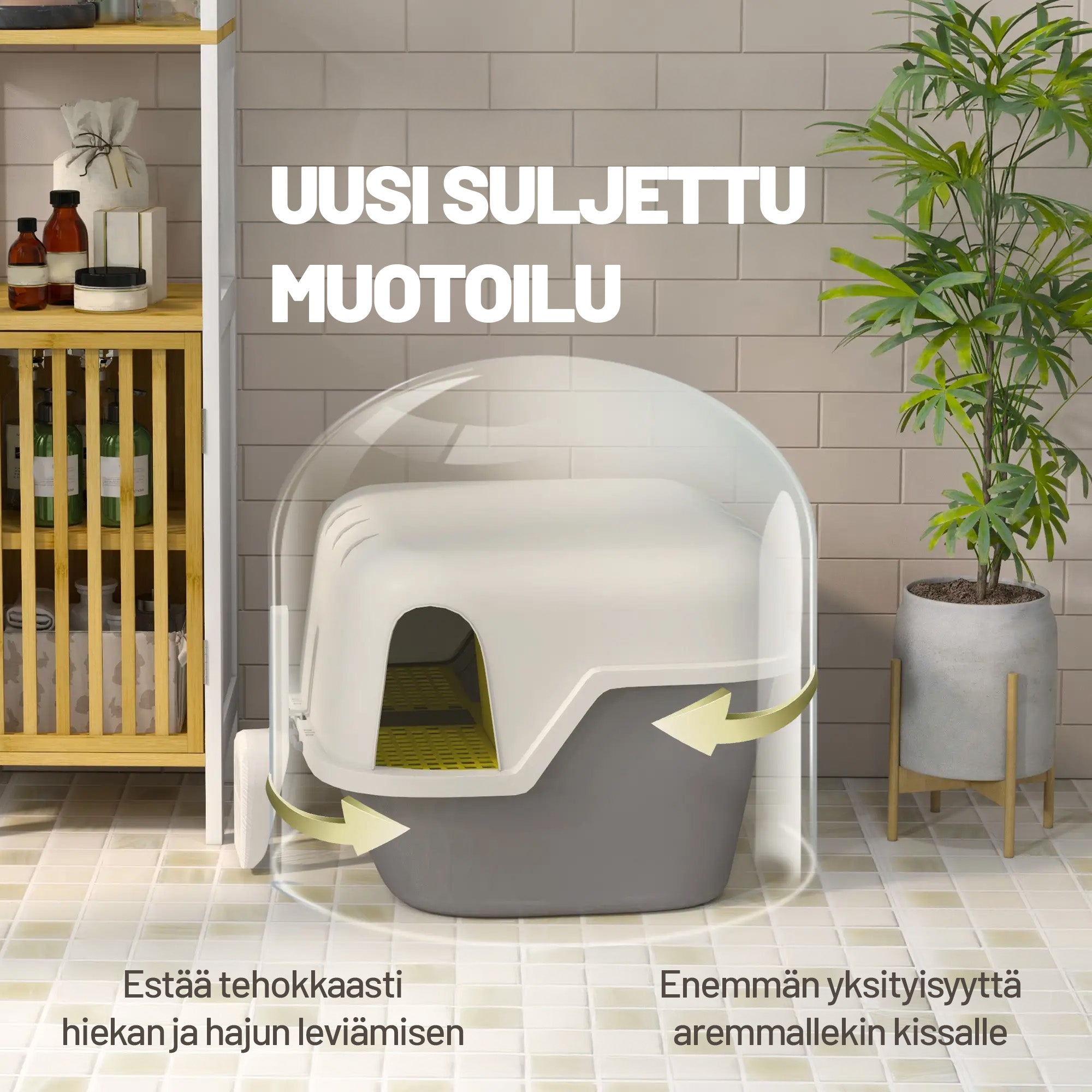 Suljettu kissanvessa kannella ja lapiolla, helppo puhdistaa, valkoinen