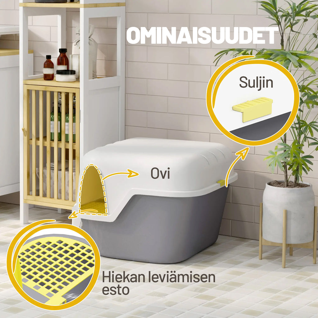 Suljettu kissanvessa kannella ja lapiolla, helppo puhdistaa, valkoinen