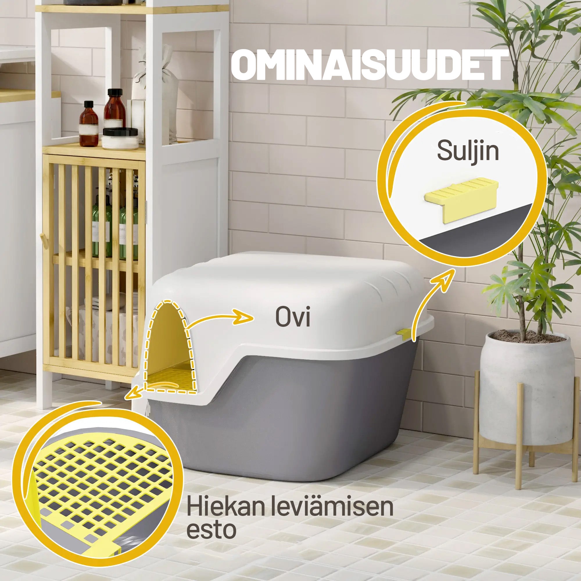 Suljettu kissanvessa kannella ja lapiolla, helppo puhdistaa, valkoinen