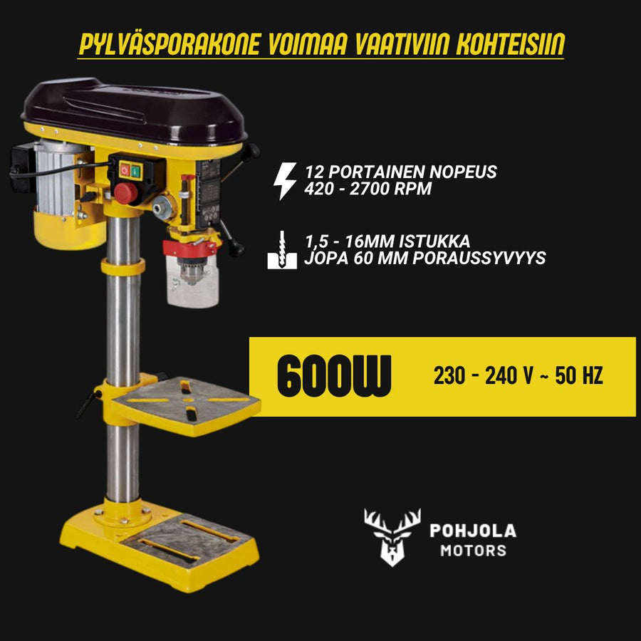 Bänkborrmaskin 600 W – 12 hastigheter, 1,5–16 mm hylsa, 420–2700 rpm