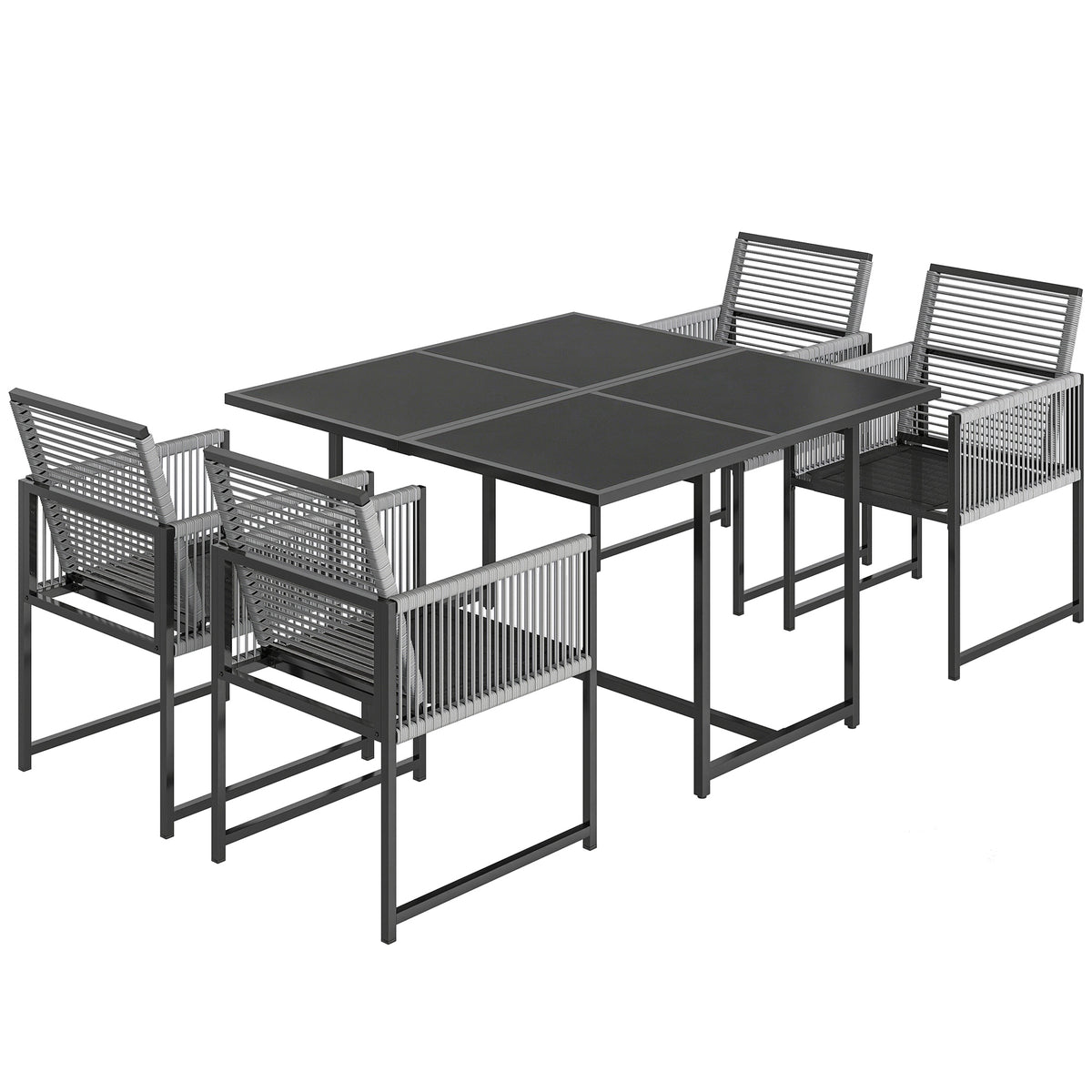 Ruokailuryhmä neljälle lasipöydällä ja köysipunotuilla tuoleilla, 120 cm, vaaleanharmaa