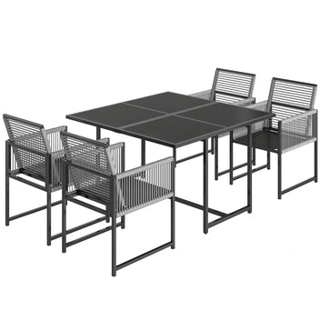 Ruokailuryhmä neljälle lasipöydällä ja köysipunotuilla tuoleilla, 120 cm, vaaleanharmaa