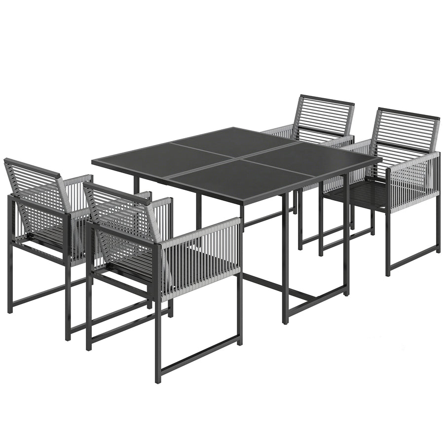 Ruokailuryhmä neljälle lasipöydällä ja köysipunotuilla tuoleilla, 120 cm, vaaleanharmaa