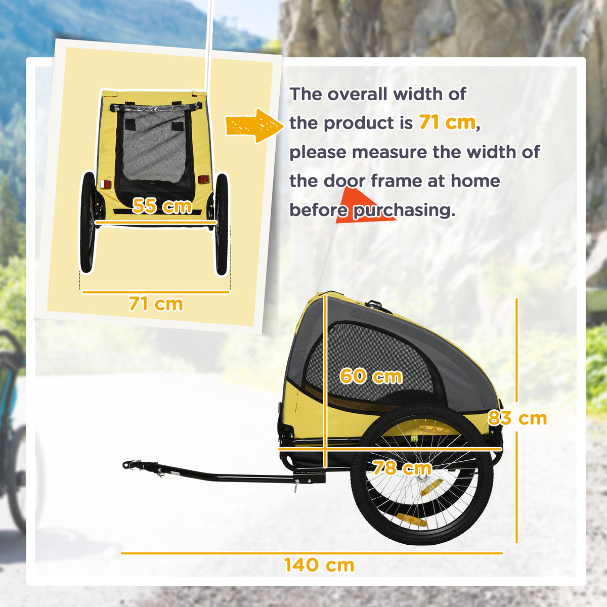 Koiran polkupyöräkärry 20 kg asti, verkkoikkunat, rullattava kuomu, yleiskytkin, keltainen
