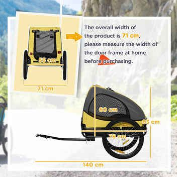 Koiran polkupyöräkärry 20 kg asti, verkkoikkunat, rullattava kuomu, yleiskytkin, keltainen