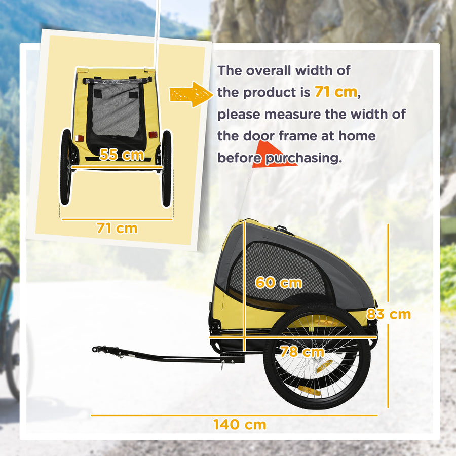 Koiran polkupyöräkärry 20 kg asti, verkkoikkunat, rullattava kuomu, yleiskytkin, keltainen