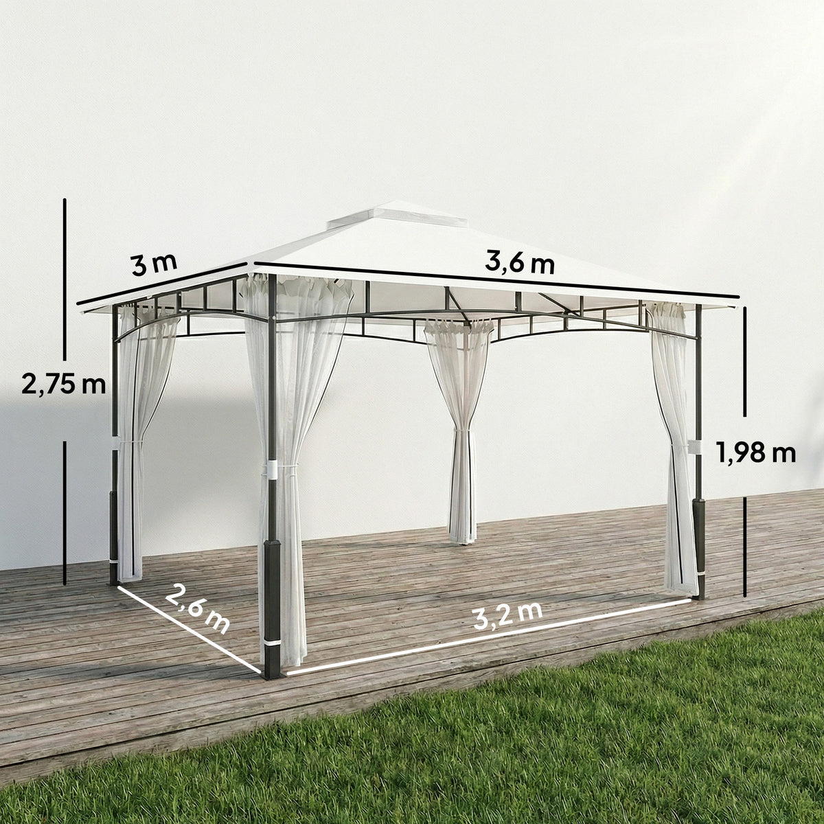 Paviljonki 3 x 3,6 m hyttysverkoilla ja kaksoiskatolla, puukuvioiset pylväät, musta