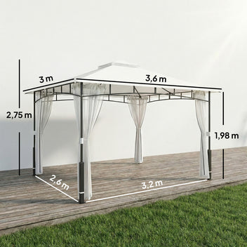 Paviljonki 3 x 3,6 m hyttysverkoilla ja kaksoiskatolla, puukuvioiset pylväät, musta