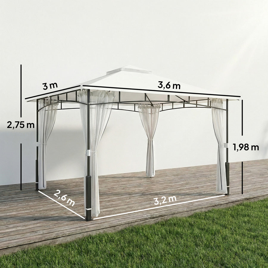 Paviljonki 3 x 3,6 m hyttysverkoilla ja kaksoiskatolla, puukuvioiset pylväät, musta