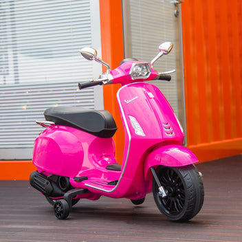 Lasten sähkömopo Vespa 6V tukipyörillä, FM-radio, musiikki ja valo, 3–6 v, pinkki