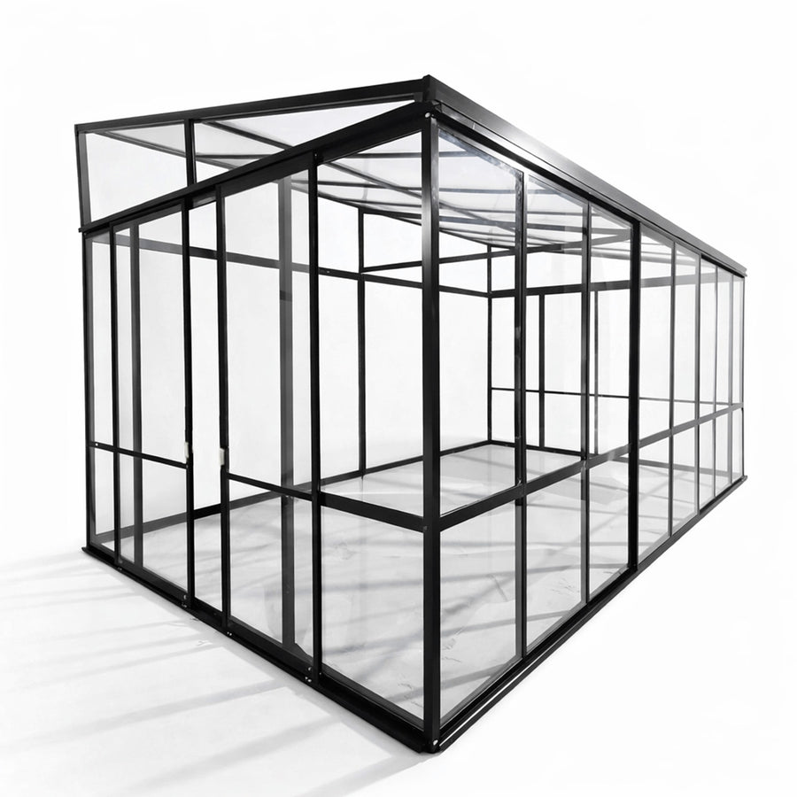 Glaspaviljong 510 x 290 cm – 3,6 mm härdat glas, 4 mm PC-tak, 3 skjutdörrar