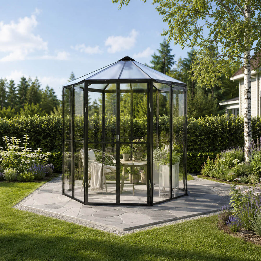 Paviljonkikasvihuone 3,7 m² – kuusikulmainen, 4 mm turvalasi, musta alumiinirunko