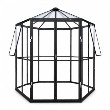 Paviljonkikasvihuone 3,7 m² – kuusikulmainen, 4 mm turvalasi, musta alumiinirunko