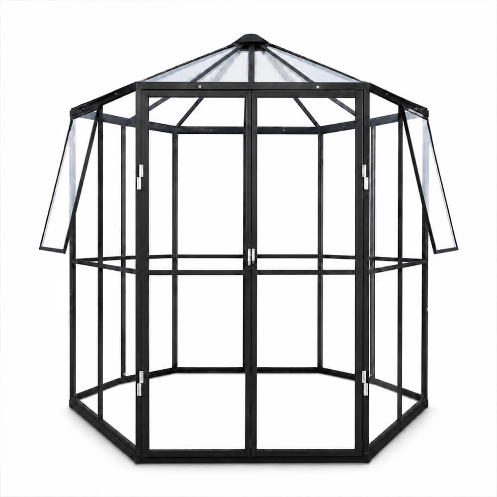 Paviljonkikasvihuone 3,7 m² – kuusikulmainen, 4 mm turvalasi, musta alumiinirunko