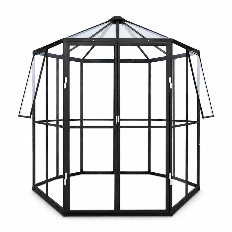 Paviljonkikasvihuone 3,7 m² – kuusikulmainen, 4 mm turvalasi, musta alumiinirunko