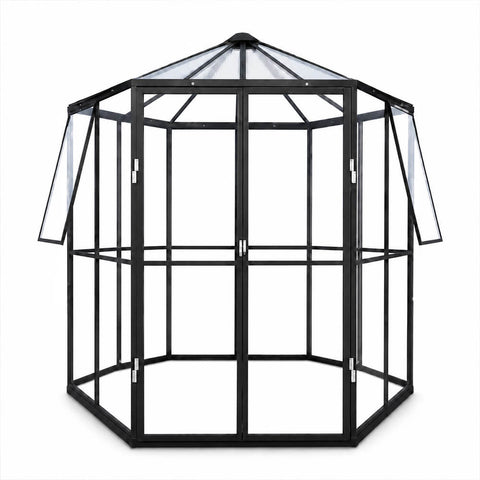 Paviljonkikasvihuone 3,7 m² – kuusikulmainen, 4 mm turvalasi, musta alumiinirunko