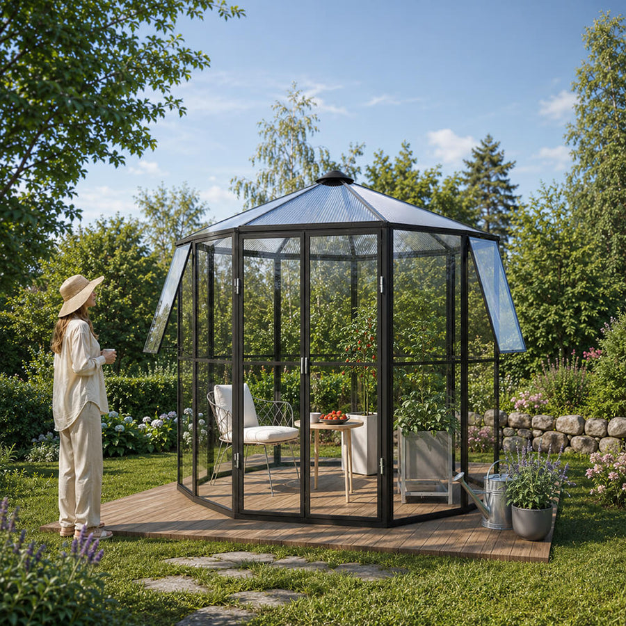 Paviljonkikasvihuone 3,7 m² – kuusikulmainen, 4 mm turvalasi, musta alumiinirunko