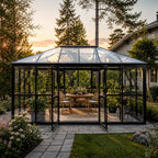 Lasipaviljonki 288 x 426 cm – 12,28 m², kirkas PC-katto ja pariovet