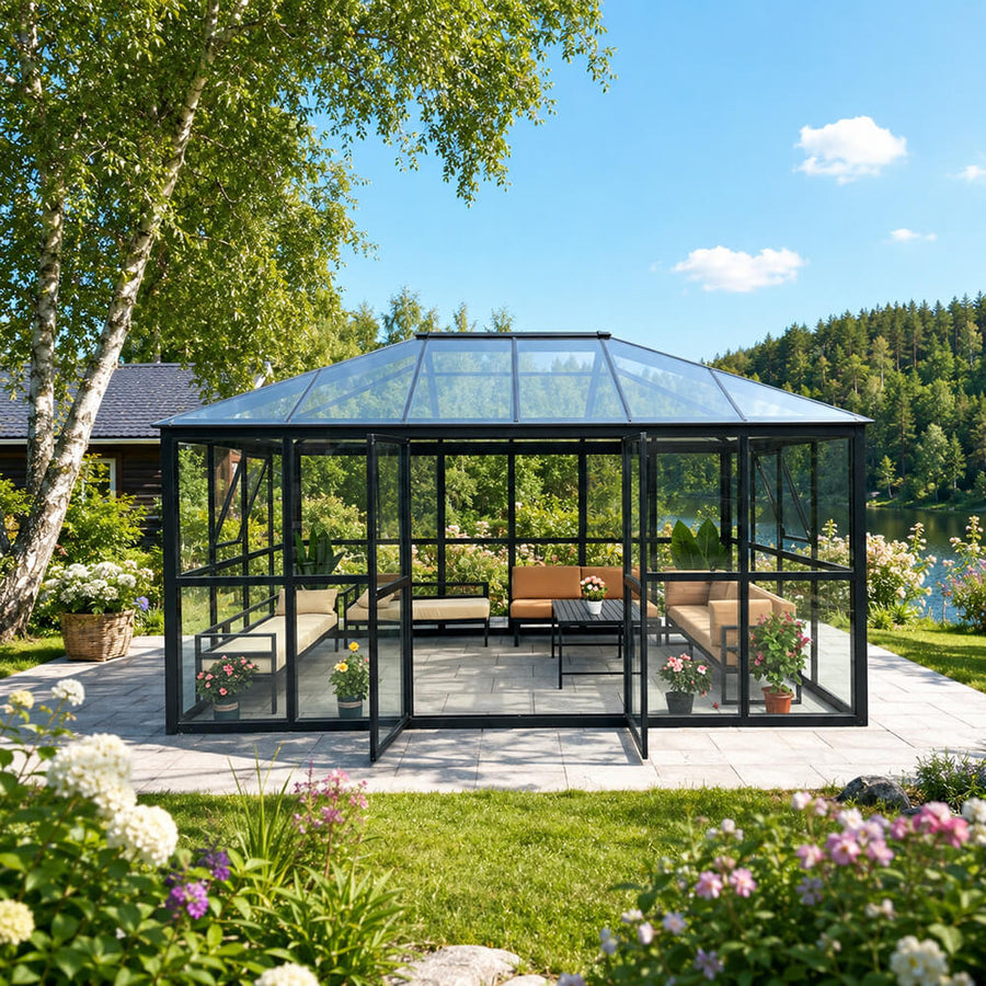 Lasipaviljonki 288 x 426 cm – 12,28 m², kirkas PC-katto ja pariovet