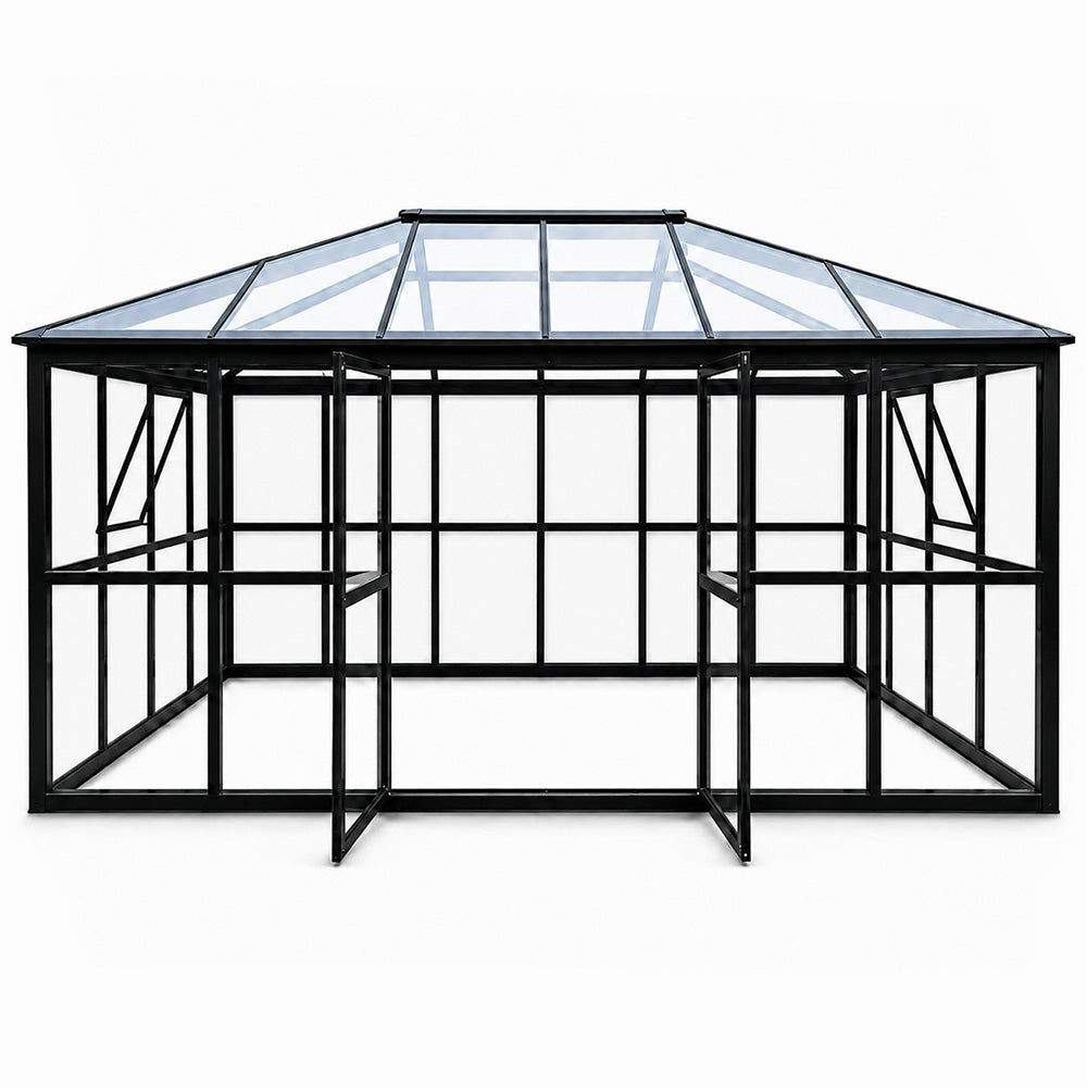 Lasipaviljonki 288 x 426 cm – 12,28 m², kirkas PC-katto ja pariovet