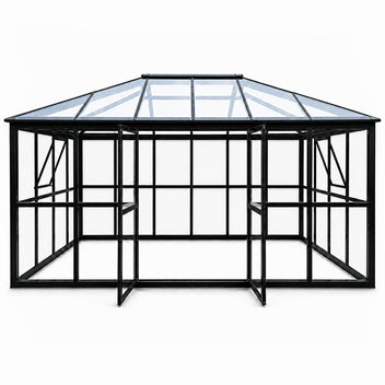 Lasipaviljonki 288 x 426 cm – 12,28 m², kirkas PC-katto ja pariovet