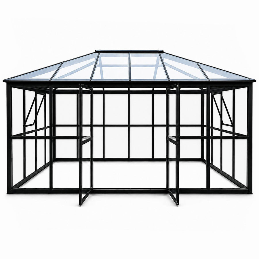 Lasipaviljonki 288 x 426 cm – 12,28 m², kirkas PC-katto ja pariovet