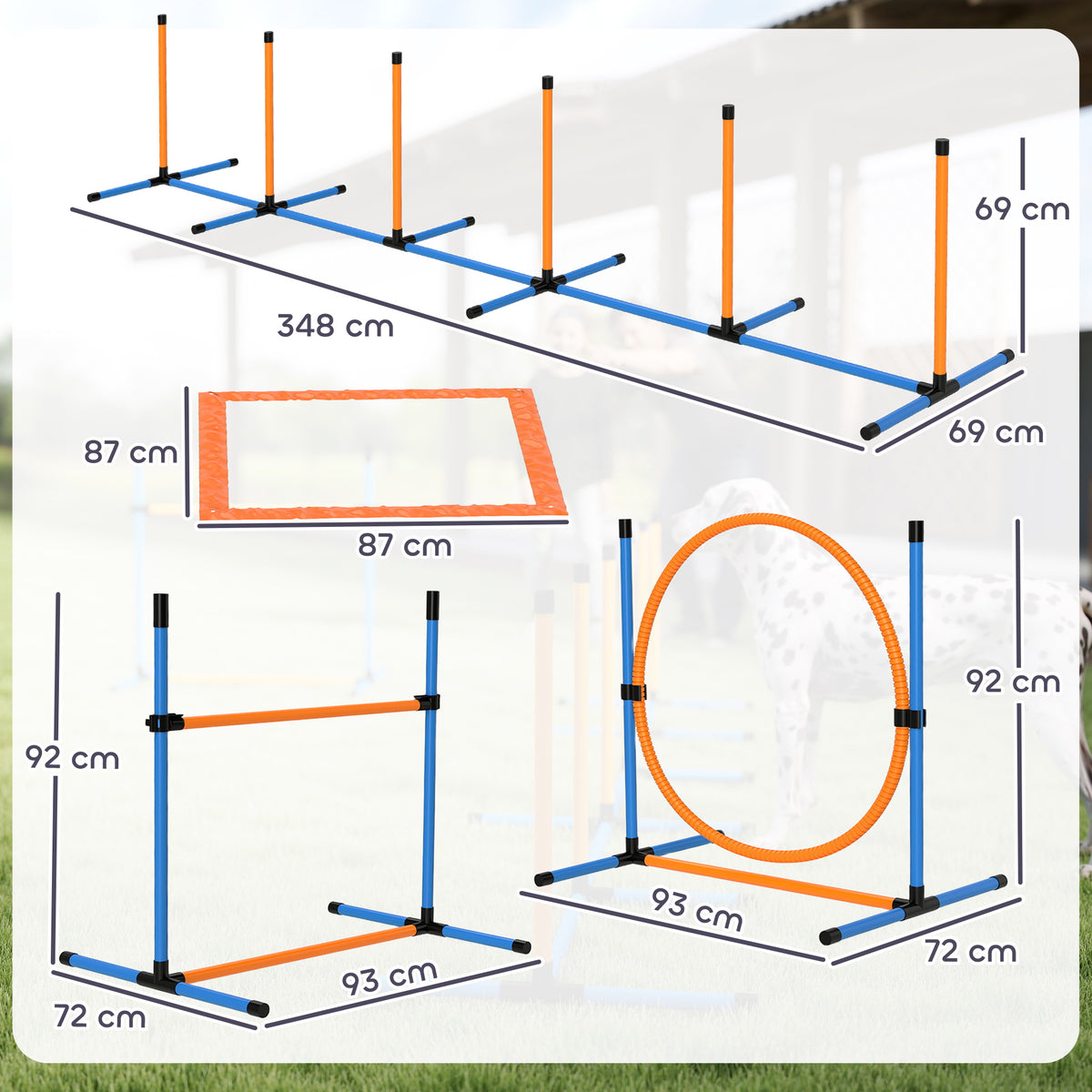 Koiran agility-setti 7 osaa: este, rengas, pujottelu, pysähdysruutu, pallot ja pilli, oranssi