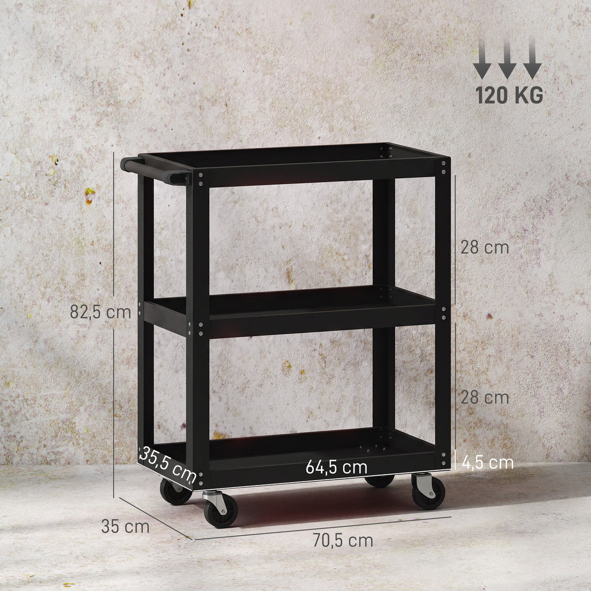 Työkaluvaunu 3 tasolla ja sivupidikkeellä, metalli, kantavuus 120 kg, 70,5 x 35 x 82,5 cm, musta