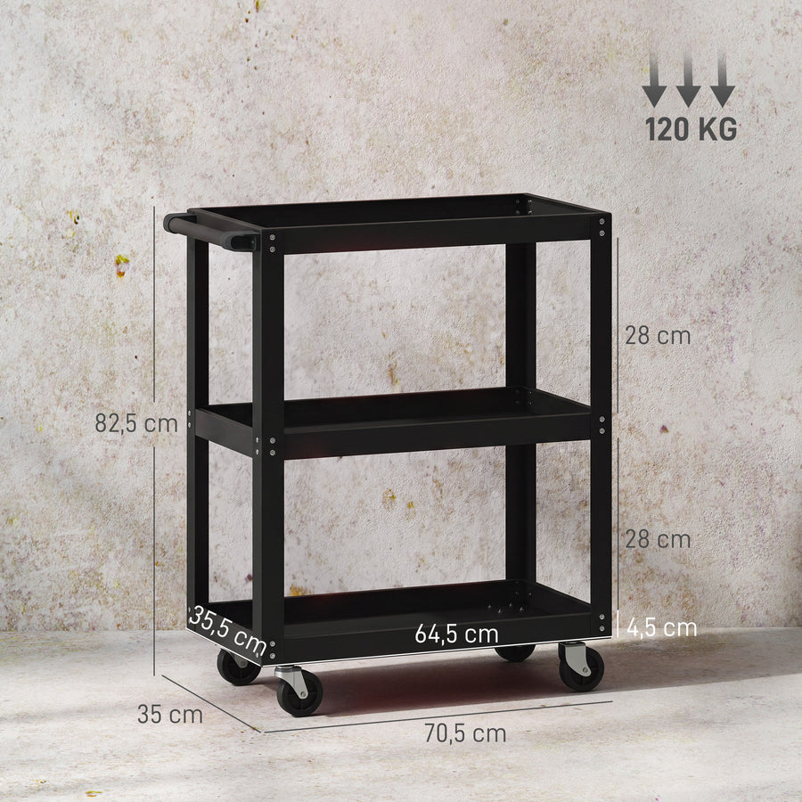 Työkaluvaunu 3 tasolla ja sivupidikkeellä, metalli, kantavuus 120 kg, 70,5 x 35 x 82,5 cm, musta