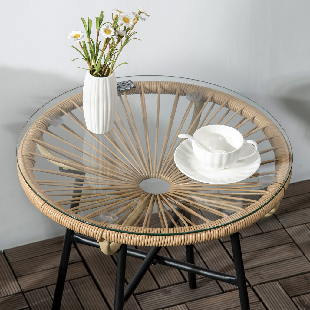Boho-tyylinen rottinkinen sivupöytä lasikannella, Ø50 cm, beige
