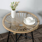 Boho-tyylinen rottinkinen sivupöytä lasikannella, Ø50 cm, beige