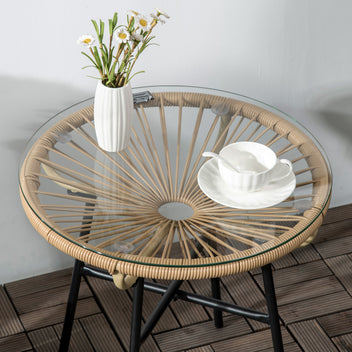 Boho-tyylinen rottinkinen sivupöytä lasikannella, Ø50 cm, beige