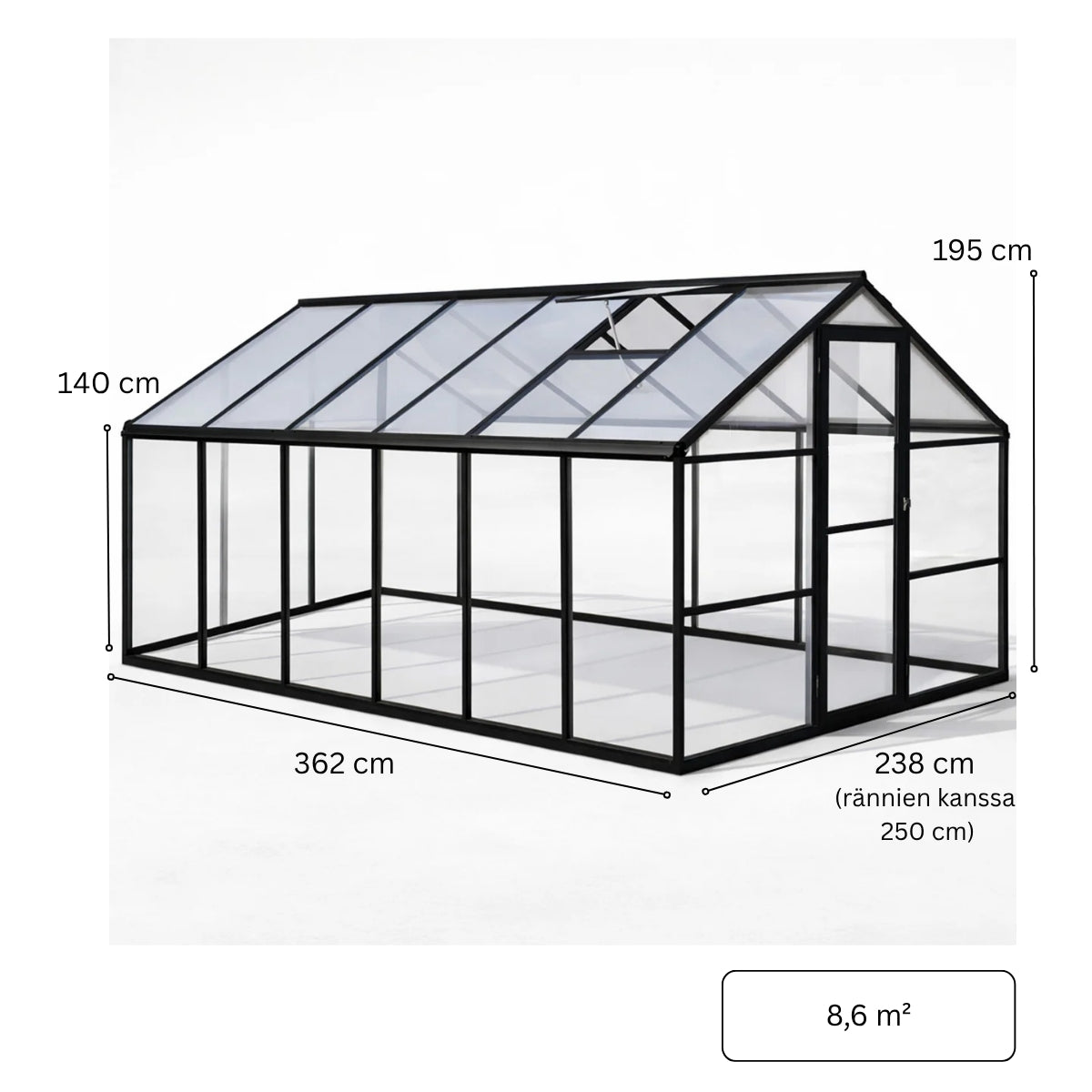 Glasväxthus 8,6 m² – aluminiumram, härdat glas, tak av polykarbonat
