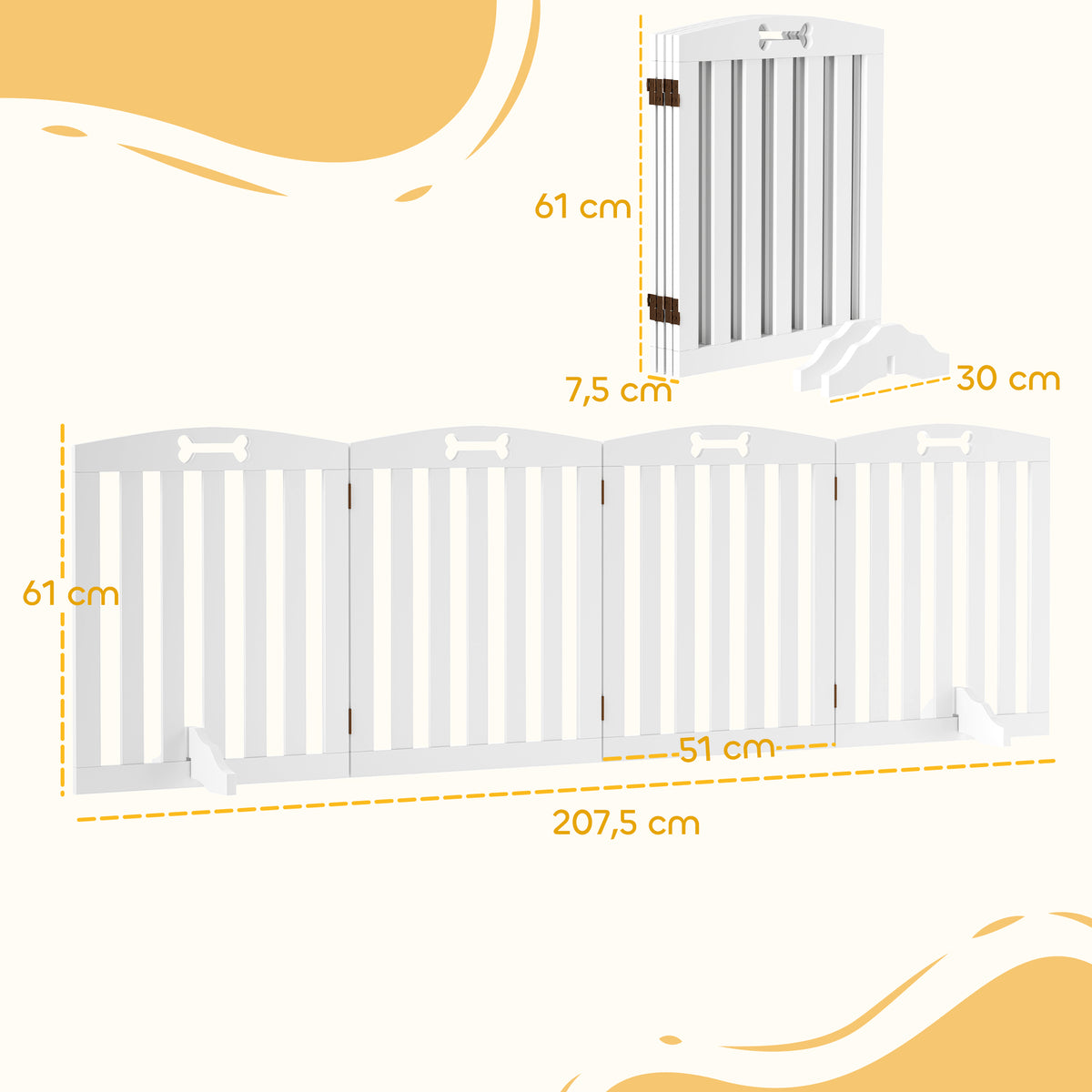 Vapaasti seisova koiraportti tukijaloilla, neljä paneelia, MDF, 207,5 x 61 cm, valkoinen