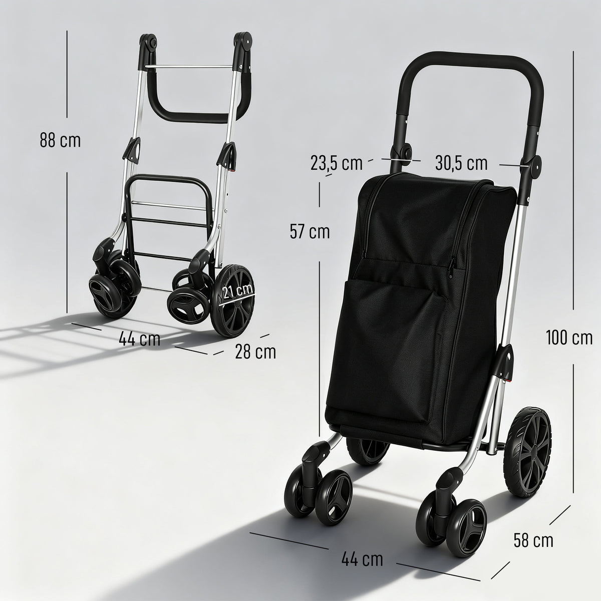 Ostoskärry 3-in-1 kylmätaskulla, 46 l kassi ja reppuhihnat, säädettävä aisa, alumiini, musta