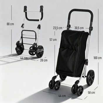 Ostoskärry 3-in-1 kylmätaskulla, 46 l kassi ja reppuhihnat, säädettävä aisa, alumiini, musta