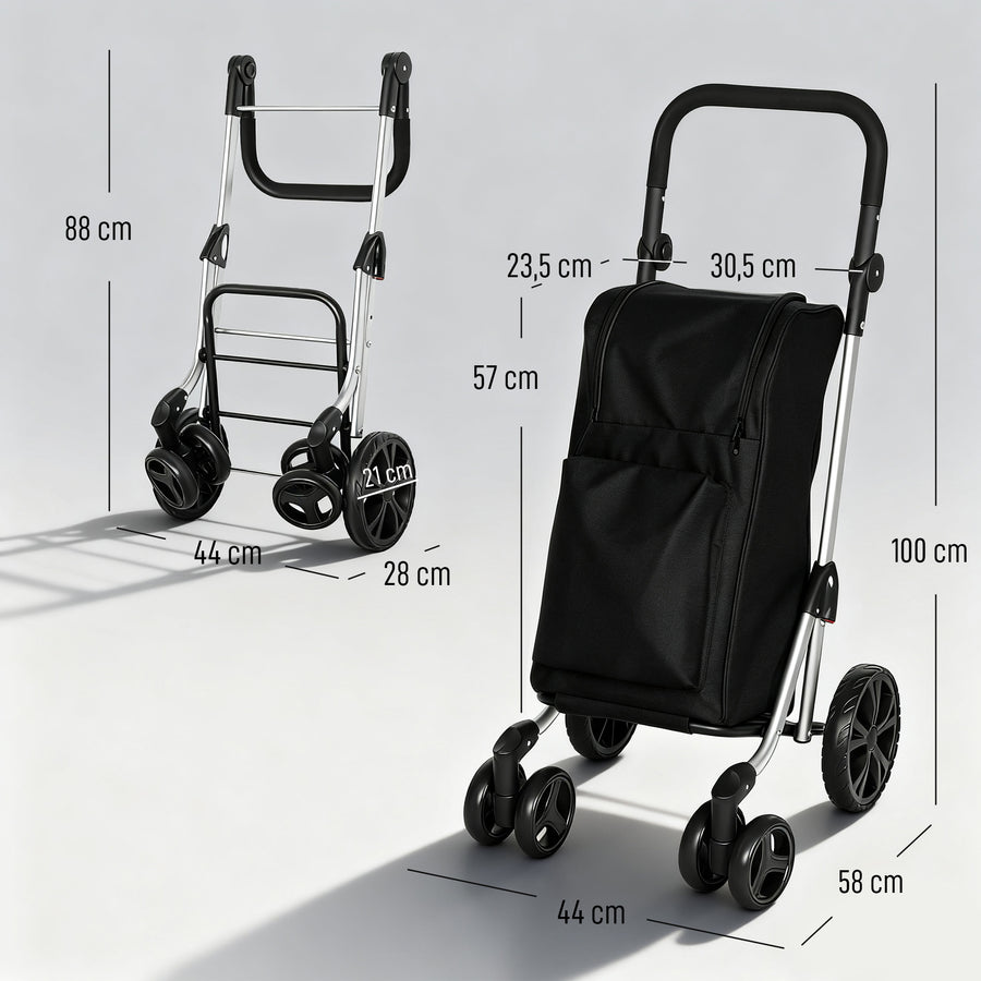 Ostoskärry 3-in-1 kylmätaskulla, 46 l kassi ja reppuhihnat, säädettävä aisa, alumiini, musta