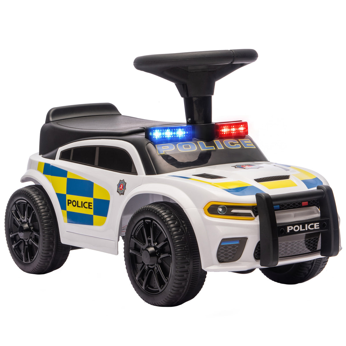 Lasten potkuauto poliisiauto, valo ja musiikki, kaatumiseste ja säilytystila, 18–36 kk, valkoinen