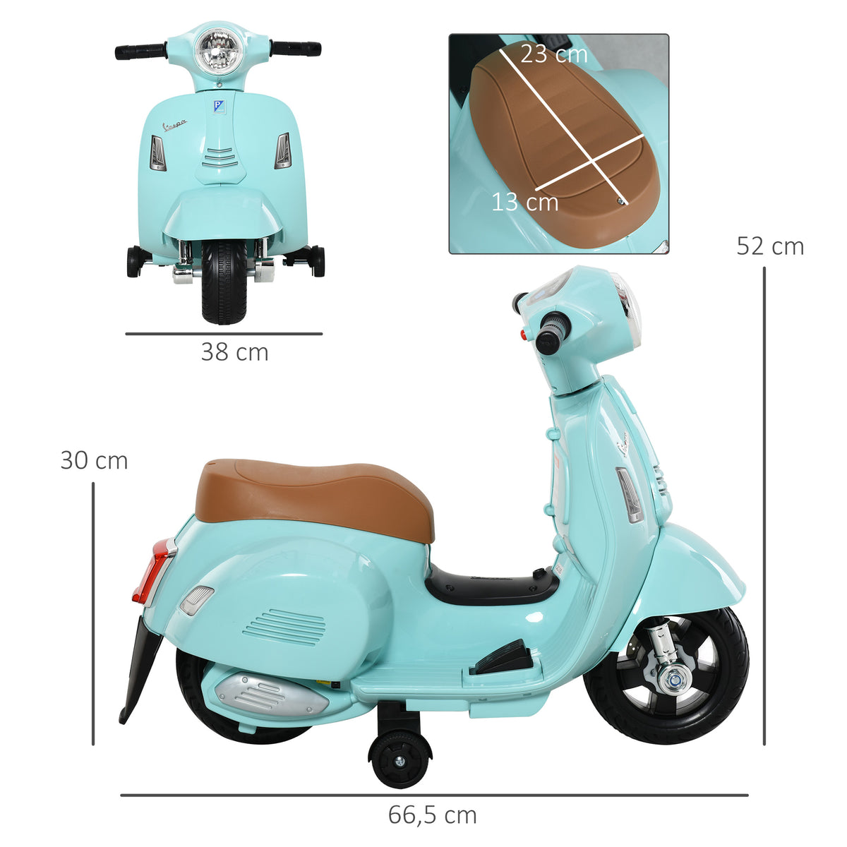 Lasten sähkömopo Vespa 6V irrotettavilla tukipyörillä, ajovalo ja äänitorvi, 1,5–3 v, vihreä