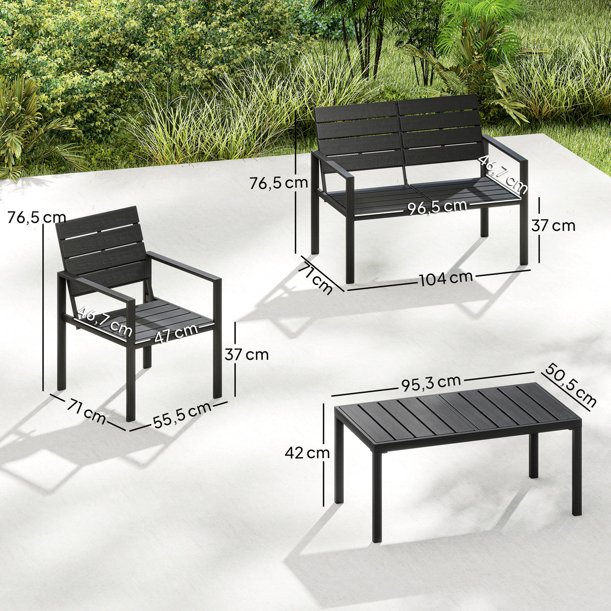 HDPE-säleinen oleskeluryhmä neljälle, sohva + 2 nojatuolia + sohvapöytä, musta