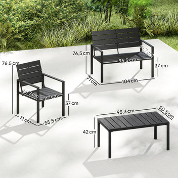 HDPE-säleinen oleskeluryhmä neljälle, sohva + 2 nojatuolia + sohvapöytä, musta