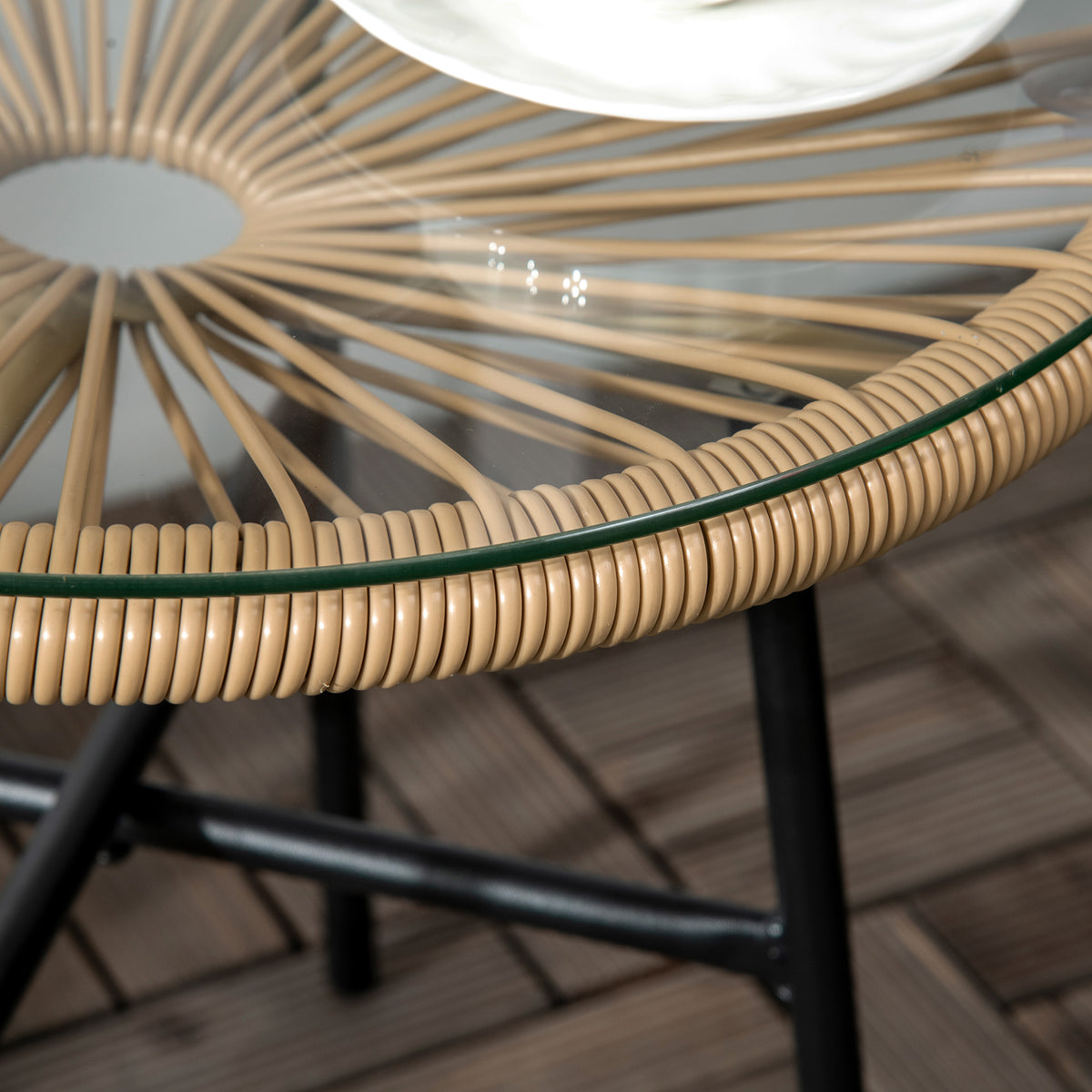 Boho-tyylinen rottinkinen sivupöytä lasikannella, Ø50 cm, beige