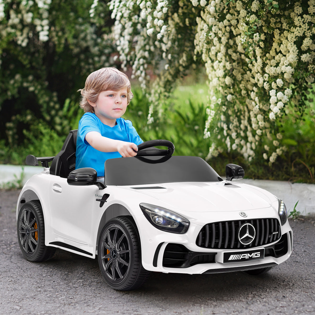 Lasten sähköauto Mercedes-AMG GT R 12V, kaukosäädin, valot ja musiikki, 3–6 v, valkoinen