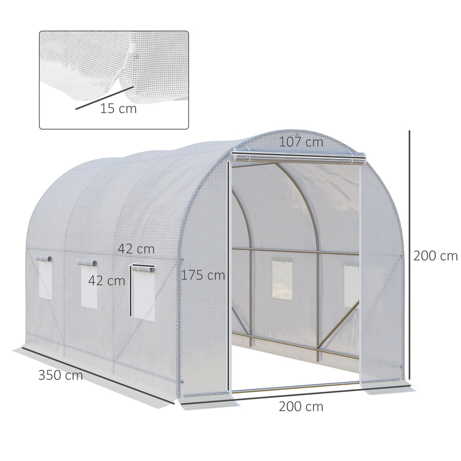Tunnelikasvihuone sinkityllä rungolla, 3,5 x 2 x 2 m, valkoinen
